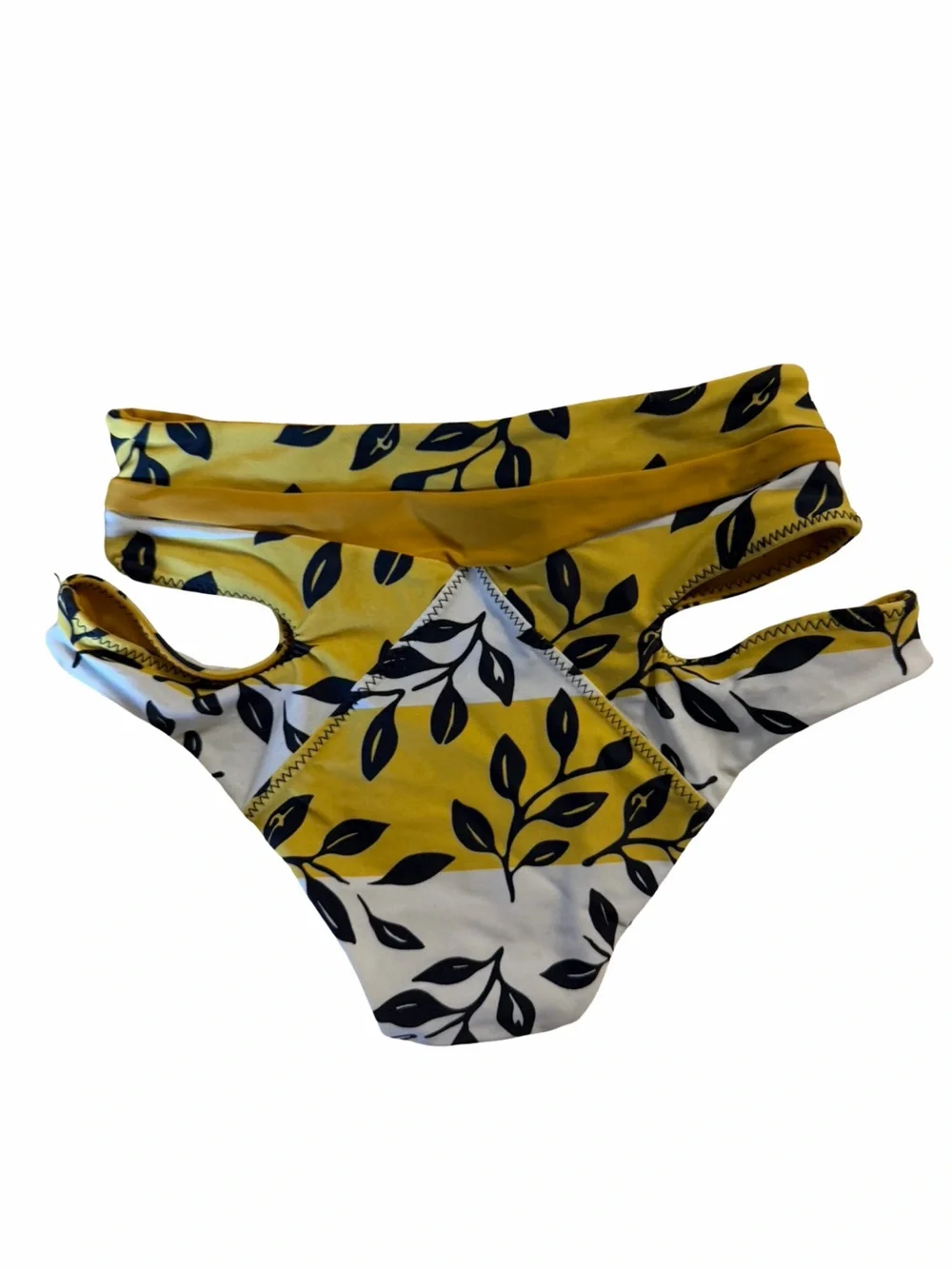XS One-Piece Swimsuit in Mustard Yellow with Black Leaf Print cut out bottoms